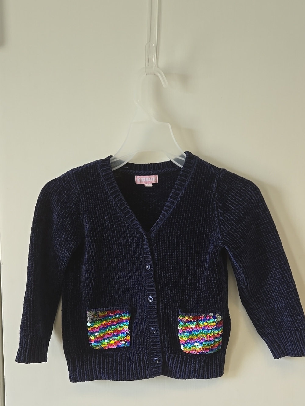 Toddler Size 5 Navy Cardigan with Rainbow Sequin Pockets